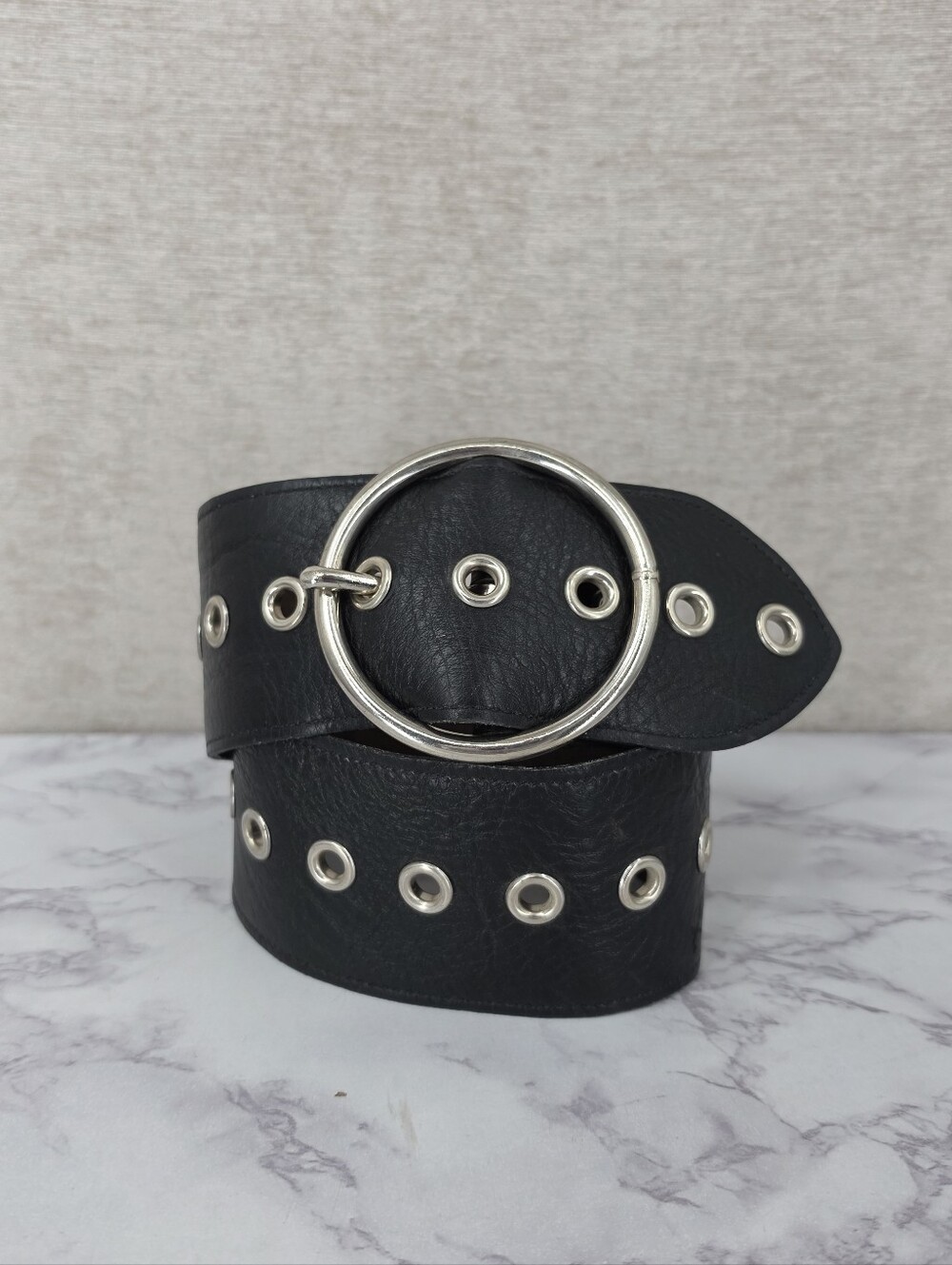 Vintage Thick Wide Black Leather Silver Toned Grommet Belt Round Buckle